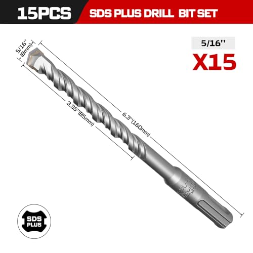 Geinxurn 5/16" x 6" SDS Plus Rotary Hammer Drill Bits, 15PCS Double Thread Masonry Drill Bits Set Carbide Tipped, Drilling in Brick, Stone and Concrete, Cement Walls - size: SDSBIT051606-015