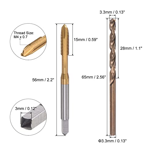 uxcell M4 x 0.7 Spiral Point Thread Tap and 3.3mm Drill Bit Set, Metric Titanium Plated Cobalt High Speed Steel Machine Screw Thread Tap Threading Tool - size: M4 x 0.7 + 3.3mm