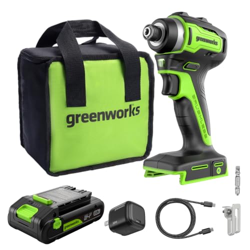Greenworks 24V Brushless Cordless Impact Driver (1950 in-lbs.), 1/4" Hex Collet, 2.0Ah USB-C Battery, 30W USB-C Charger & 3.3FT Braided Cable, Compatible with iPhone/iPad/Samsung & More - size: 1950 in-lbs Impact Driver