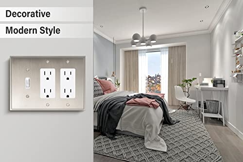 Henne Bery Soft Modern Decorative Wall Plate Switch Plate Outlet Cover (Double Decorator/Single Toggle, Satin Nickel) - style: Double Decorator/Single Toggle