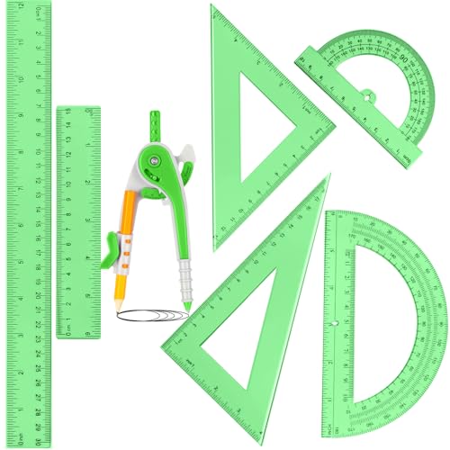Zonon 7 Pcs Geometry Math Set with Compass Protractor Rulers, Green - color: Green