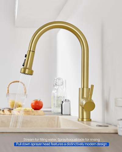 J-HVA Pull Down Kitchen Faucet Sprayer Head Replacement Part, Brushed Gold | 3 Function with 15 Adapters Pull Out Sink Sprayer Replacement Nozzle, Kitchen Faucet Head Hose Spray Tap Spout - color: Brushed Gold