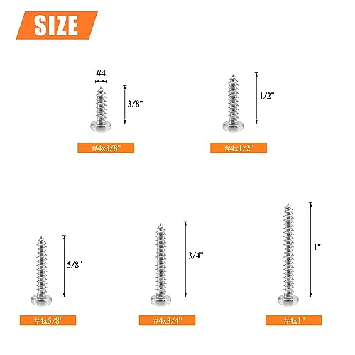 #4 x 3/8" 1/2" 5/8" 3/4" 1" Wood Screws Set, HELIFOUNER 210 Pieces Phillips Pan Head Self-Tapping Screws Assortment Kit, Phillips Pan Head Wood Screws, 304 Stainless Steel - size: #4
