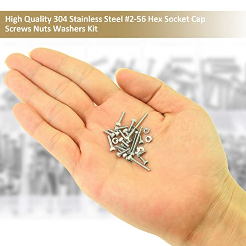 252 Pieces #2-56 x 3/16", 1/4", 5/16", 3/8", 1/2", 5/8", 3/4", 1", Hex Socket Head Cap Screws Nuts Washers Assortment Kit, 304 Stainless Steel, Fully Machine Thread - size: #2-56, style: Socket Head