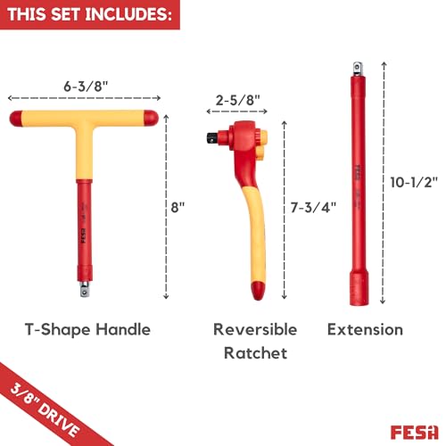 FESA Electrician Insulated Socket Set - 1000V 20-Piece Professional Insulated Ratchet & Socket Wrench Set (3/8" Drive) w/T-Handle, Extension & 4 Hex Bits - 1000 Volt Tools for Electricians - style: 3/8" Drive (Storage Case)