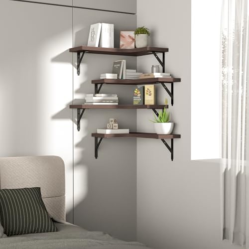 ROMGUAR CRAFT Corner Floating Shelves Wall Mounted Set of 4, Brown - color: Brown