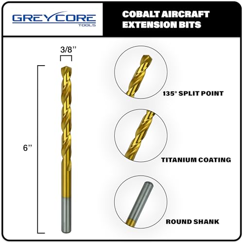 Greycore Tools 3/8 Inch x 6 Inch Cobalt Aircraft Extension Bit – 2 Pack M35 Cobalt Drill Bit, Industrial Titanium Coating – Drill Bits for Steel, Hard Metal, Cast Iron, Wood, Plastic (3/8" x 6") - size: 3/8" x 6", style: 6" Length