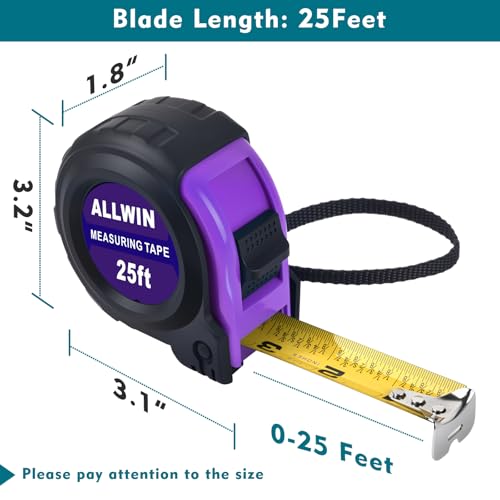 Tape Measure 25 Ft - Metal Retractable Tape Measure with Fractions, Easy Read, 1-inch Wide X 25 Foot - Purple - color: Purple