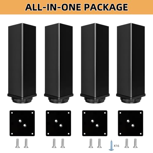 QLLY 8 inch Square Adjustable Metal Furniture Legs, Heavy Duty Black Cabinet Feet with Leveling Pads, Set of 4 for Sofa, Couch, Ottoman, Cabinet and Shelf Replacement - color: Black, size: 8 inch