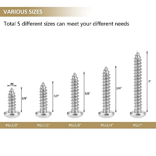 182 Pieces #6 x 3/8" 1/2" 5/8" 3/4" 1" Phillips Pan Head Self-Tapping Screws, Wood Screws Assortment Kit, 304 Stainless Steel - size: #6