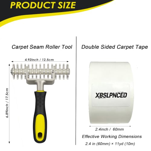 Carpet Seam Roller with Double Sided Carpet Tape Kit, Ergonomic Non-Slip Handle, 2.4" x 11 Yd (33 Ft) Strong Adhesive Residue Free, Heat-Free DIY Carpet Seam Repair for Home & Commercial Use - size: Roller & Tape Combo Kit