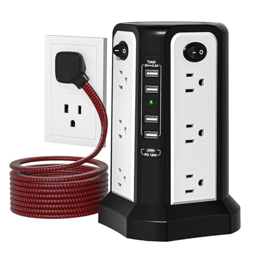 10FT Extension Cord with Multiple Outlets PASSUS Tower Surge Protector - style: Black White-Thin Plug