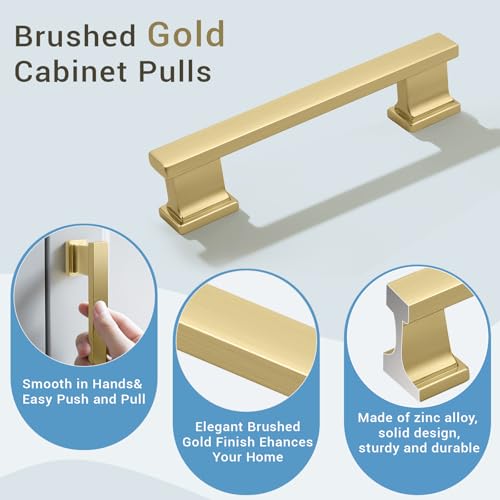 KNOBWELL 6 Pack Brushed Gold Solid Cabinet Pulls 3-3/4 Inch(96mm) Hole Center Kitchen Cabinet Handles,Cabinet Hardware for Cupboard Drawer Pulls - color: Brushed Gold, size: Hole Center：3-3/4 inch（96mm）