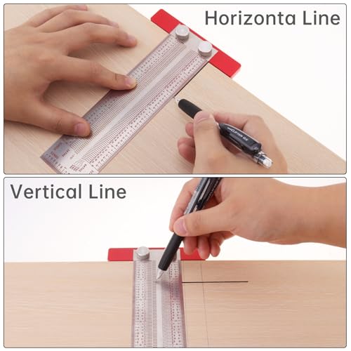 6" Precision Marking T-Rule, Stainless Steel Scribe Line Ruler with Holes for Cutting Sawing, Scribing Ruler Woodworking Marking Tools Carpenter Draft Measuring T-Square with Stops (Red, 6 inch) - size: 6 inch