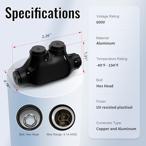 RVBOATPAT 6 Pack Insulated Inline Splice Connector 4-14 AWG Aluminum to Copper Wire Connectors 5/32" Slotted Allen Hex Black Electrical Cable Connectors - color: 4-14 AWG