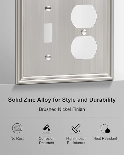 2-Pack Zinc Alloy Combo Toggle/Duplex Light Switch Cover Plate - color: Brushed Nickel, size: 1 Toggle/1 Duplex 2PK