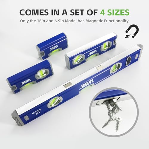 WBE 4-Piece Torpedo Level Set, Aluminium Alloy Magnetic Spirit Level Included 16", 7", 5", 4" Leveler with 180°/90°/45° Bubbles, Clear, Green.