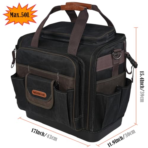 WELKINLAND 54Pockets Electrician Tool Bag, Waterproof Hard Bottom Tool Bag | Wax-Canvas Heavy Duty Tool Bags, 50L Tool Bag Hvac Technician, Work Tool Bag For Men, Technician Tool Bags, Plumber Tools Bag
