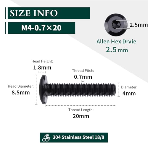 M4-0.7 x 20mm (100 pcs) Black Hex Socket Head Cap Screws, 304 Stainless Steel 18/8, Furniture Bolts, Connector Screws for Furniture, Black Oxide Finish, Full Thread, Hex Spanner Wrench Included - size: M4-0.7 x 20mm