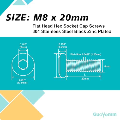 M8 x 20mm 20Pcs Flat Head Hex Socket Cap Screws, 304 Stainless Steel 18-8, Black Zinc Plated, Connection Furniture Bolts, Full Thread - size: M8 x 20mm(20PCS)