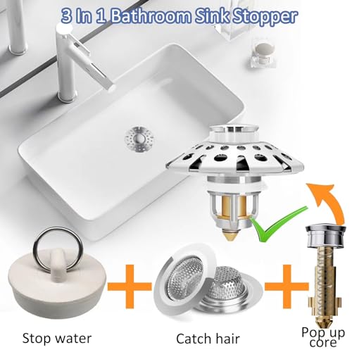 AzWzz Bathroom Sink Stopper,Sink Hair Catcher,Bathroom Sink Drain Strainer Pop Up Drain Cover Plug,Universal for 1.1 to 1.65in Sink Drain Hole - color: Chrome Silver