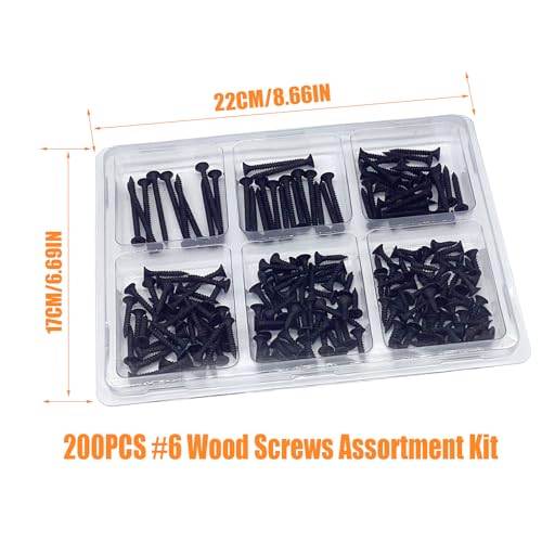 200PCS #6 Wood Screws Assortment Kit, Drywall Screws, Black Wood Screws, Assorted Wood Screws, Flat Head Screws, Screw Assortment, 6 Sizes, (2'', 1-1/2'', 1-1/4'', 1'', 3/4'', 5/8'') - size: #6 200PCS