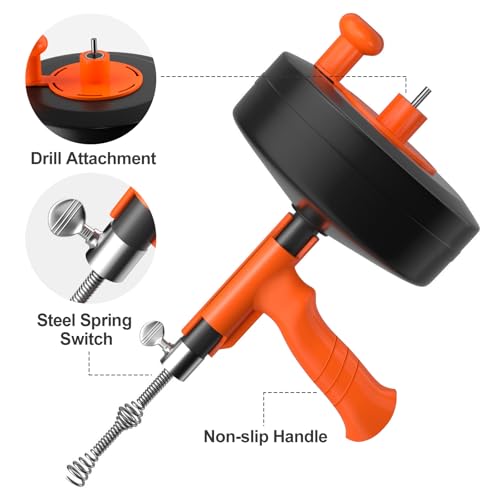 Drain Snake, Plumbing Snake With Drill Adapter, 50ft Heavy Duty Flexible Sink Steel Drain Auger Bathroom Hair Clog Removal Tool, Manual Or Powered - No auto retract or feed (Black)