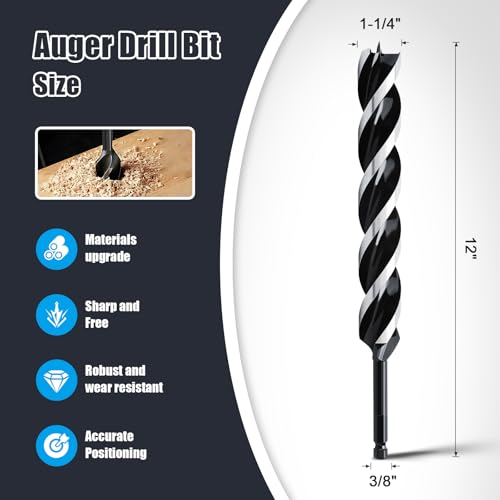1-1/4" x 12" Auger Drill Bit for Wood,Hex Shank Tri Flute Drill Bit - size: 1-1/4"x12"