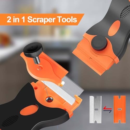 2 Pack Razor Blade Scraper Tool With Extra 10pcs Plastic Blades And 10pcs Metal Blades, 2-in-1 Scraper Tool Cleaning Razor Scraper For Decals, Stickers, Labels, Caulk, Adhesive, Paint, Cooktop