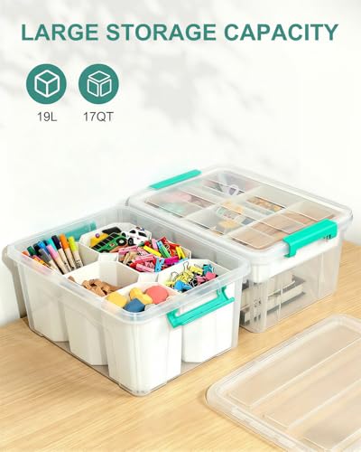 EOENVIVS Clear Storage Boxes with 6 Tall Inserts, Large Plastic Organizer Box with Lid and Handles, 15.94x11.61x7.28 Inches, Multi-Functional Container for Cosmetics, Toys, School Supplies - color: Clear+Light Green