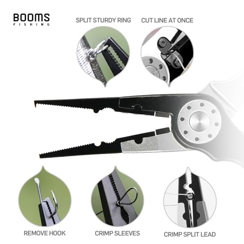 Booms Fishing X1 Aluminum Fishing Pliers Saltwater, Surf Fishing Tackle Kit, Fishing Multitool Hook Remover Braided Fishing Line Cutting and Split Ring with Coiled Lanyard and Sheath - color: Black&silver