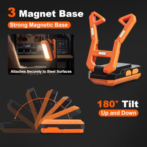 Rechargeable LED Work Light, 3000K-6500K CCT 500 Lumen, 40Hour Max, Adjustable 180° Stand IP54 Waterproof Portable Job Site Lighting for Auto Repair DIY Outdoor Camping, Gift for Man (Orange, 8, Watt)