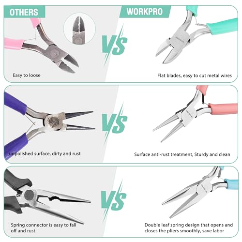 WORKPRO Jewelry Pliers Set, 3 Pack Jewelry Making Tool Kit - color: Light Blue, Light Green, Pink