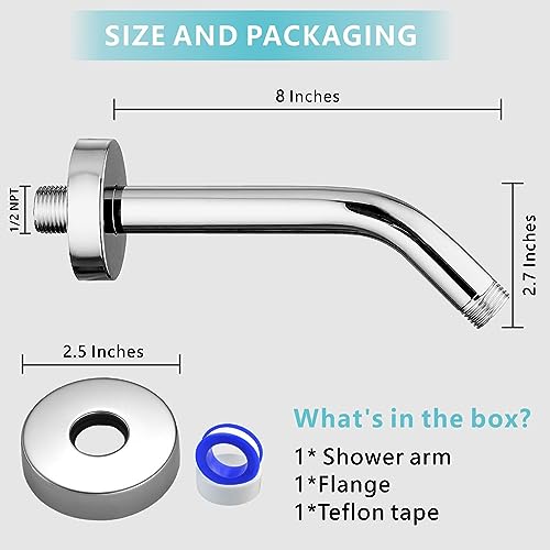 Shower Arm with Flange, 8 Inches Wall Mount Replacement Shower Head Arm For Fixed Shower Head and Handheld Showerhead, Chrome - color: Chrome, style: 8 Inch