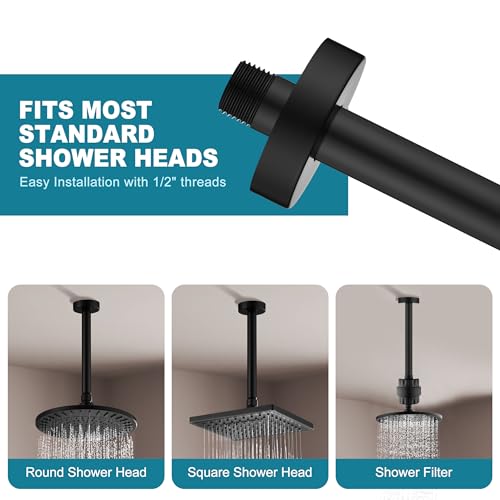 BRIGHT SHOWERS Shower Arm with Flange for Rainfall Shower Head, 9 Inch Ceiling Mount Straight Arm, Replacement Extension Pipe, Heavy-Duty Stainless Steel, Rust-Resistant, 1/2" NPT, Matte Black - color: Matte Black, style: 9 Inch