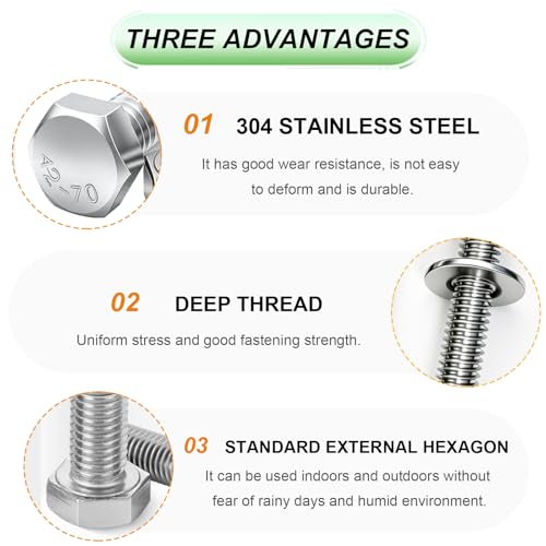 8 Sets 3/8-16×2" Stainless Steel Hex Head Screws Bolts, Nuts, Flat & Lock Washers,18-8(304) Full Thread - color: Silver, size: 3/8-16×2"(10 Sets)