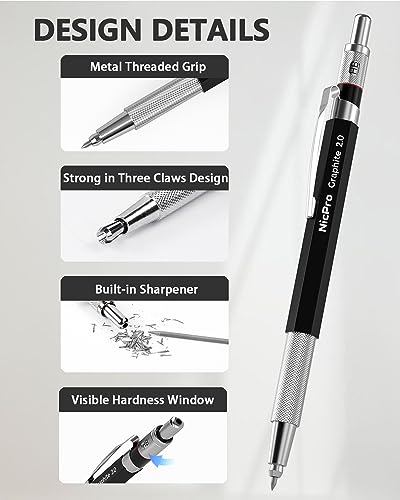 Nicpro 2mm Welder Mechanical Pencil Set with 24PCS Silver Refills, 2mm Metal Lead Holder, Carpenter Pencil with Sharpener for Welding, Cutting, Woodworking, Metals Alloys Wood Leather Material