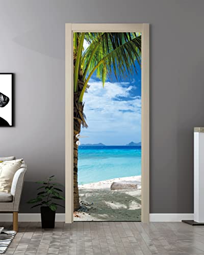 FLFK Door Mural Sticker - Beach and Palm Tree,Peel and Stick,Combined Size 32"x80",Split into 2 Pieces - color: Mt2219, size: 32"x80"