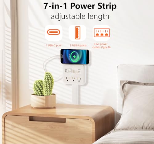 Electrical Outlet Extender Stick, 3 AC Outlets with 4 USB Port, 17-26 Inch Adjustable Length, 360° Rotating Plug, Wall Socket Expander for Hard-to-Reach Outlets Behind Couch, Nightstand, Bed, Desk