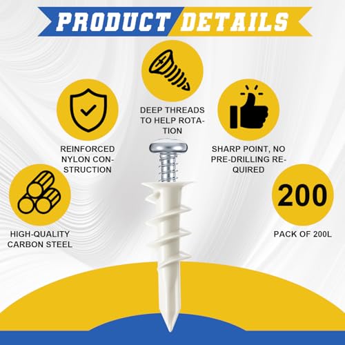 Glooglitter 400 Pcs Self Drilling #8 Drywall Anchors Bulk and Screws Set Nylon Heavy Duty 75lb No Pre Drill Hole for Hanging Shelf Picture Decor with Storage Case(Regular Anchor Non Split) - style: Regular Anchor Non Split