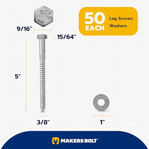 3/8 x 5 (50 Pack) Lag Screw Kit, 50 Screws and 50 washers, Hot Dip Galvanized, Meets ASME B18.2.1 Industrial/Commercial Grade by Makers Bolt - size: 3/8 x 5