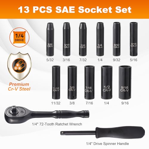 Reniteco 13-Piece 1/4" Drive Socket Set, SAE 3/16"-11/32", 72-Tooth, Cr-V - size: 1/4"-13 PCS