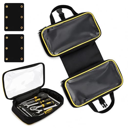 Roll Up Tool Bag with 2 Handle Wraps, Foldable Tool Roll Bag with 3 Translucent Zipper Compartments, Portable Oxford Cloth Small Tool Bag