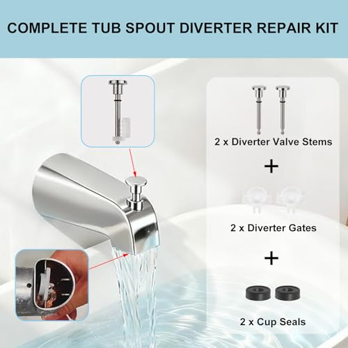 2 Set Universal Tub Spout Diverter Repair Kit Parts, Includes 2 x Diverter Valve Stems, 2 x Cup Seals and 2 x Gates, Bathroom Shower Bathtub Leaky Faucet Repair Replacement Parts (Classic,Chrome)