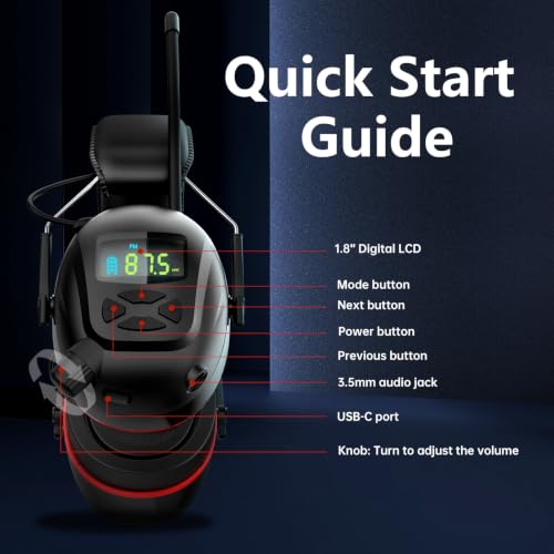 AM FM Radio Headphones with Digital Display, 45H Working Time Rechargeable Hearing Protection Earmuffs, 30dB SNR Noise Reduction Safety Ear Muffs for Mowing, Construction, Woodworking, Shooting