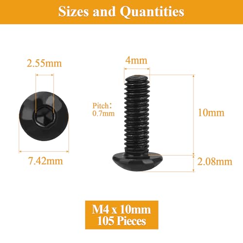 105 Pieces M4 x 10mm Button Head Socket Cap Screws, Thread Pitch 0.7mm, Sutemribor M4 Black Screws, 10.9 Grade Alloy Steel, Black Oxide Finish, Fully Threaded - size: M4 x 10mm, style: Button Head