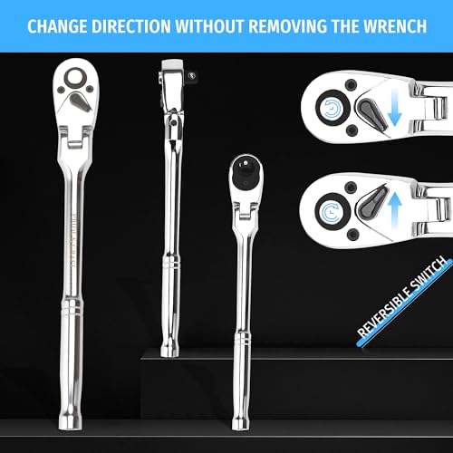 PRIDE&CRAFT 3pc Flex Head Ratchet Wrench Set, 1/4", 3/8", 1/2" Drive, 72-Tooth, Socket Wrench Quick Release Reversible Design, Chrome Alloy Made, EVA Organizer - style: 3pc Flex Head
