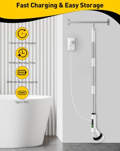 Electric Spin Scrubber for Bathroom, Shower Scrubber with Long Handle - color: White, size: 8 Brush Heads