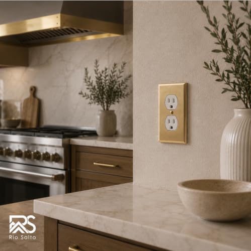 Rio Salto BRASS Decorative Outlet Covers Light Switch Covers Duplex Outlet Cover Receptacle Wall Plate Brushed Brass Gold 4 Pack Premium Wall Covers — Signature Collection, Standard 4.50" x 2.75" - color: Duplex 1-Gang (4-Pack)