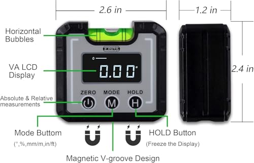 Digital Angle Finder Magnetic & Level Bubble Vial 4 X 90°Angle Gauge Inclinometer, Mini Level Bevel Gauge Protractor for Woodworking, Building, Table Saw, Vertical Wall (white) - color: White